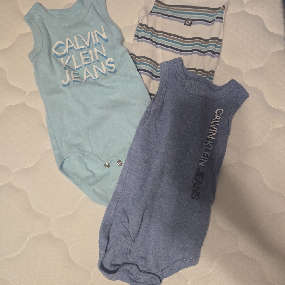 Calvin Klein Baby Bodysuit Trio in Aqua, Blue & White Stripes